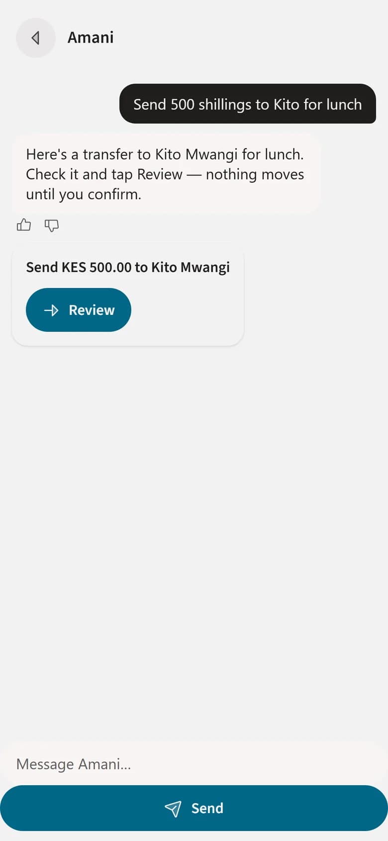 Amani, the Sente assistant, preparing a transfer for the user to review