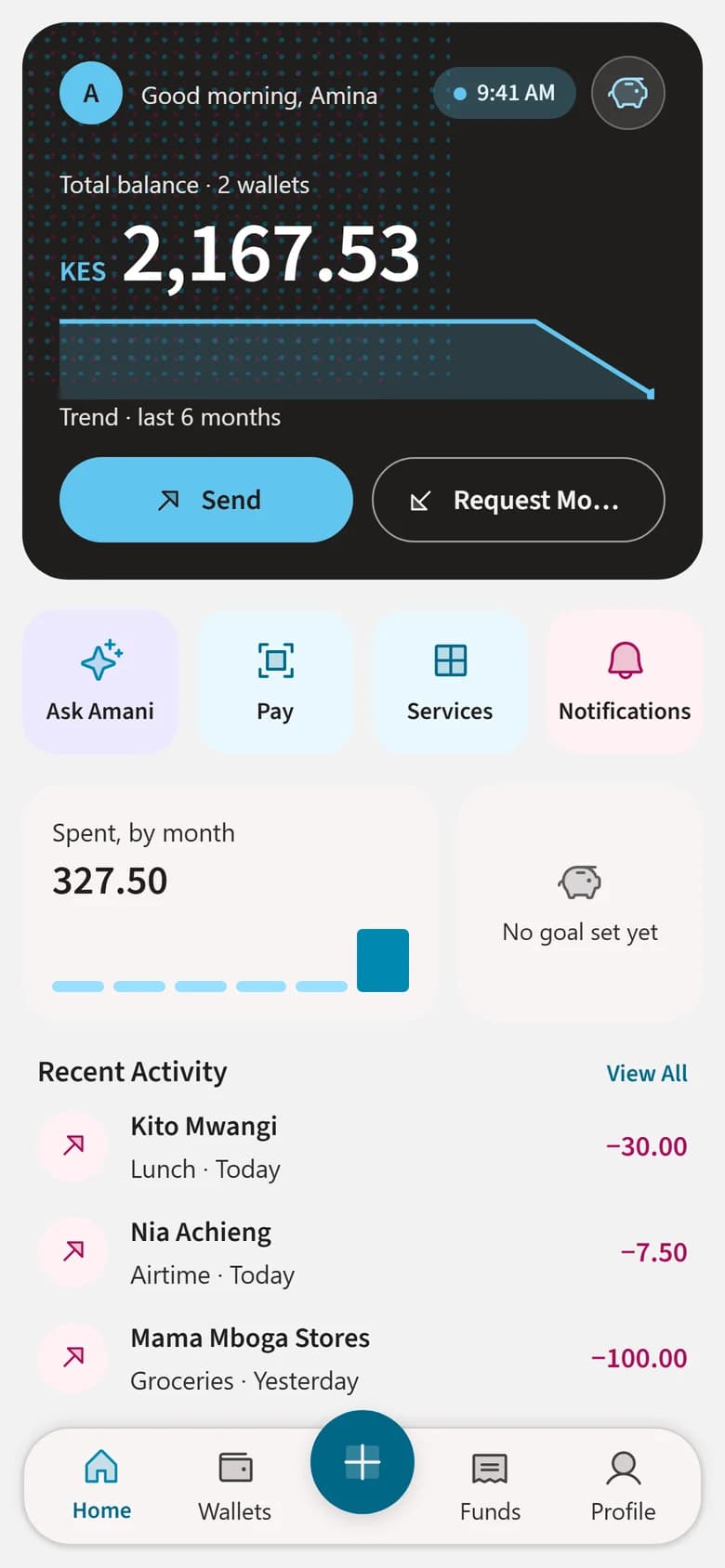 The Sente app home screen: total balance, quick actions and recent activity